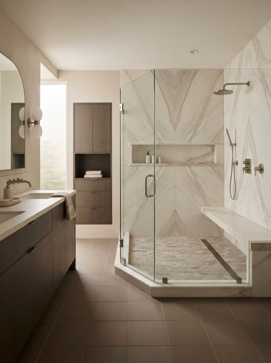 Large Format Marble Shower Laguna Beach in Orange County.