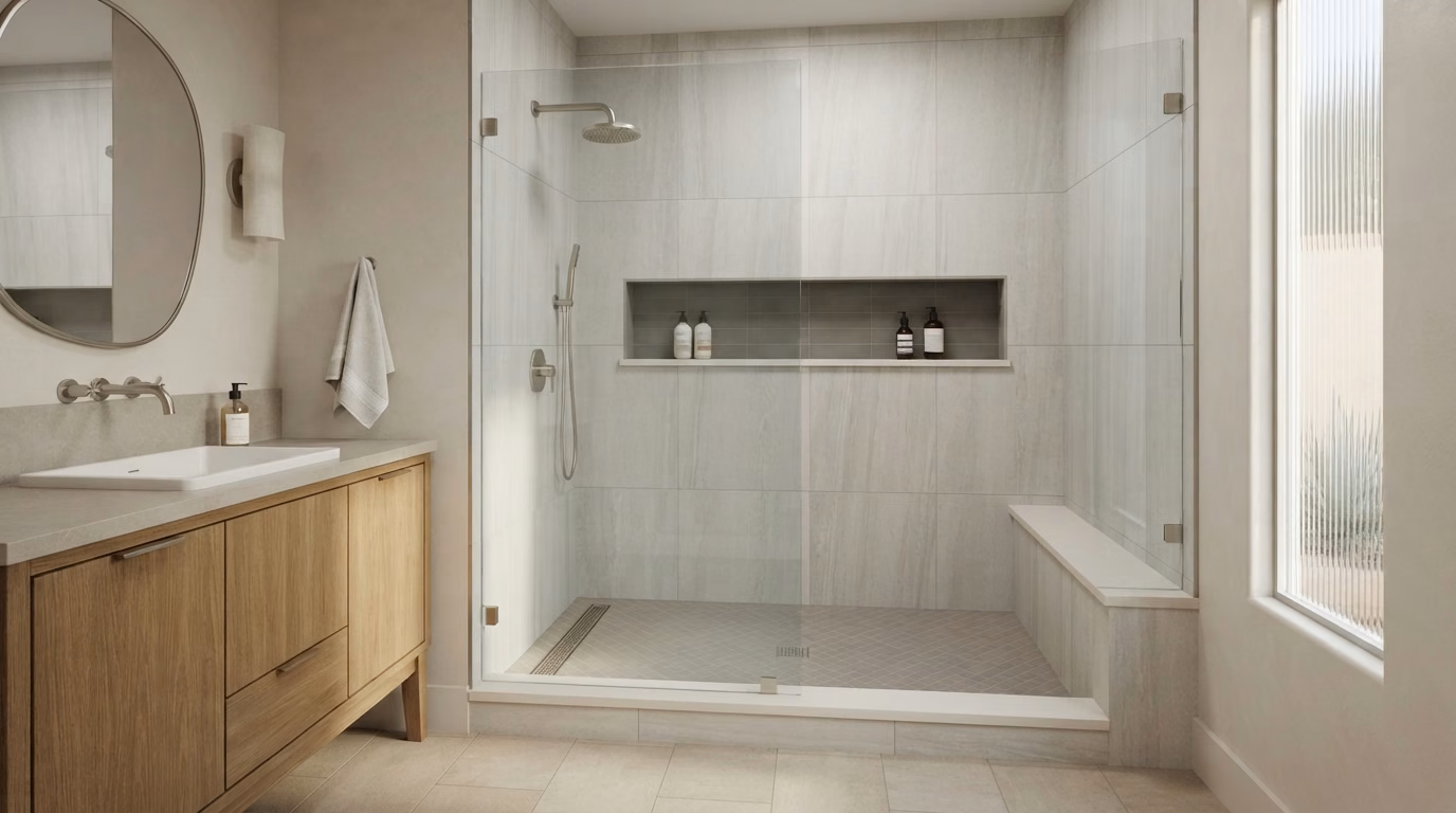 Large Format Tile Shower Laguna Beach in Orange County.