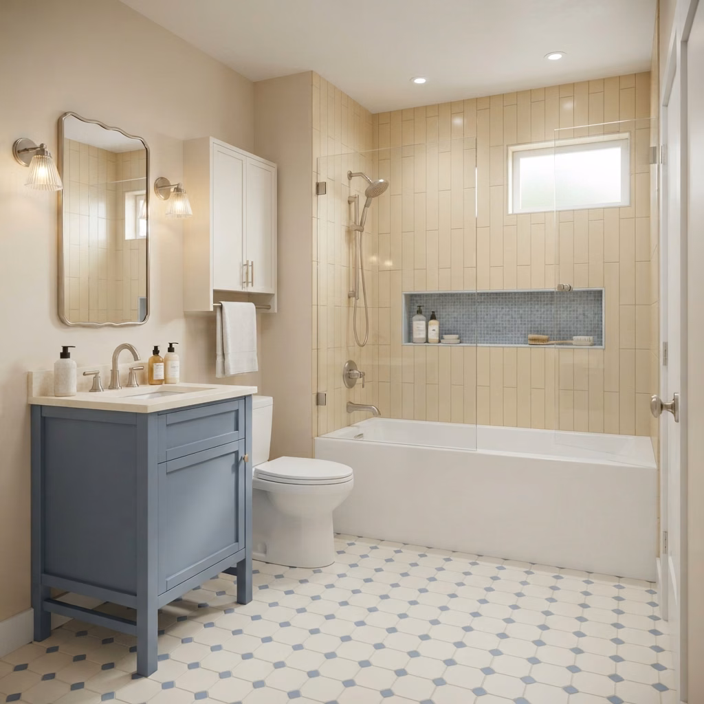 Shower-to-tub service tile in Orange County.