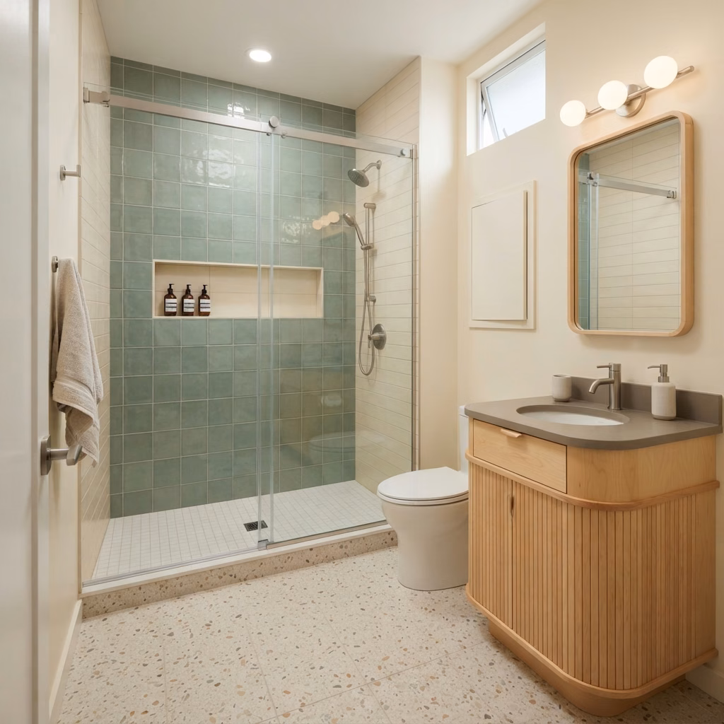 Tub-to-shower service tile in Orange County.